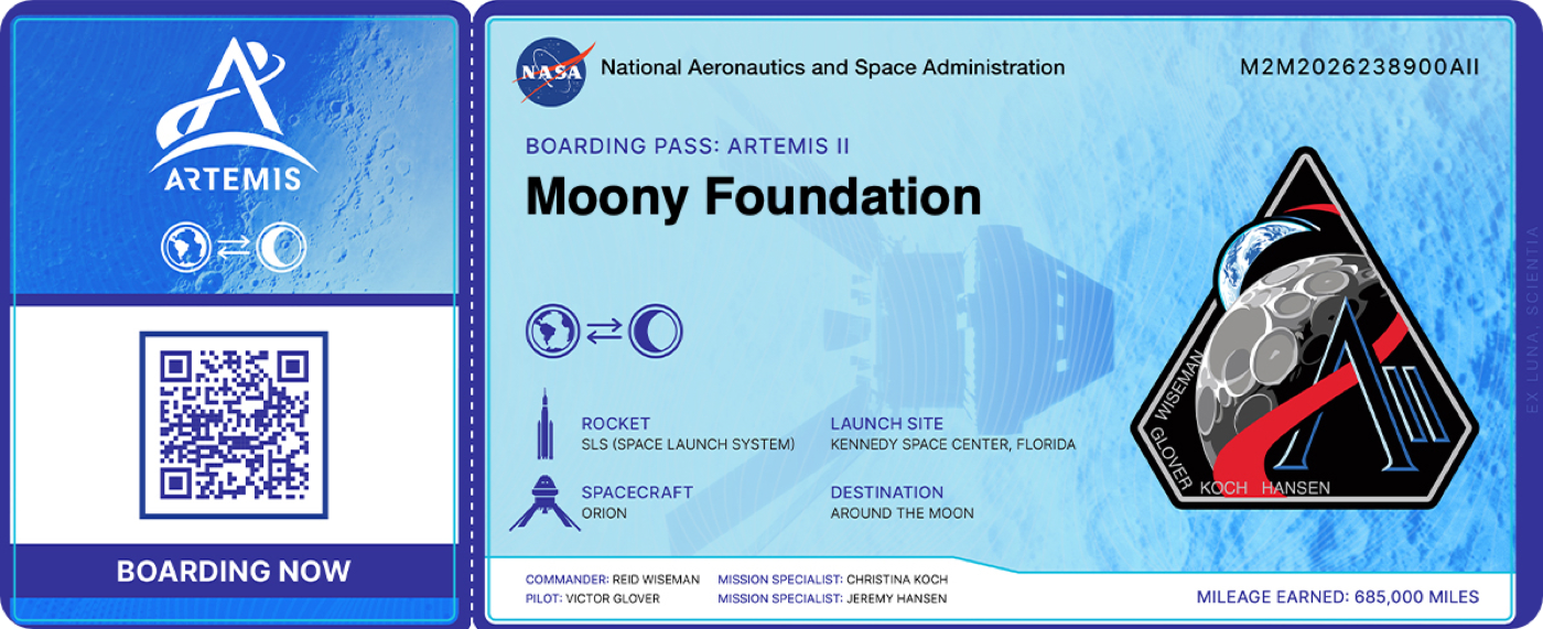 Artemis boarding pass for the Moony Foundation