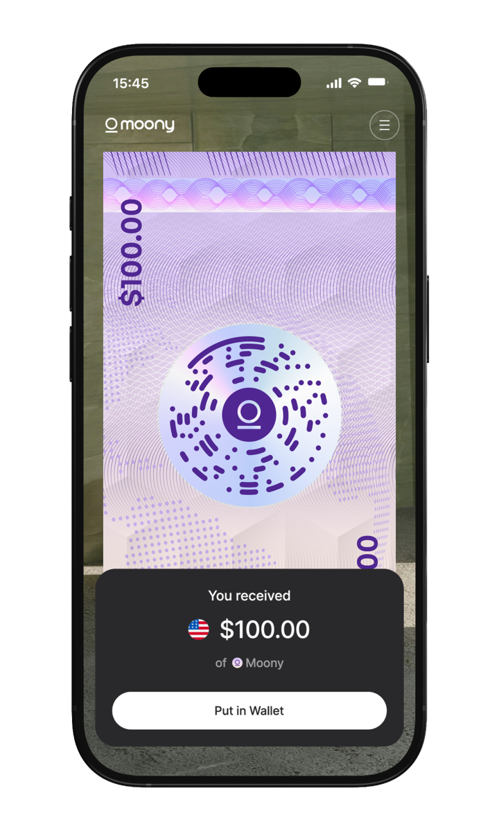 The Moony app on Flipcash, receiving $100.00